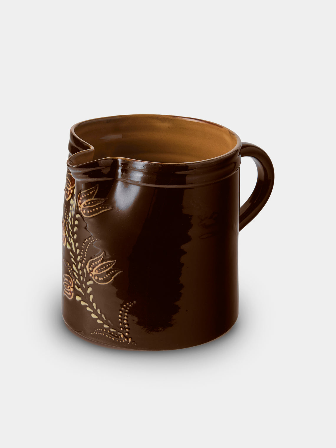 Poterie d’Évires - Flowers Hand-Painted Ceramic Straight-Edge Medium Jug - Dark Brown - ABASK - 