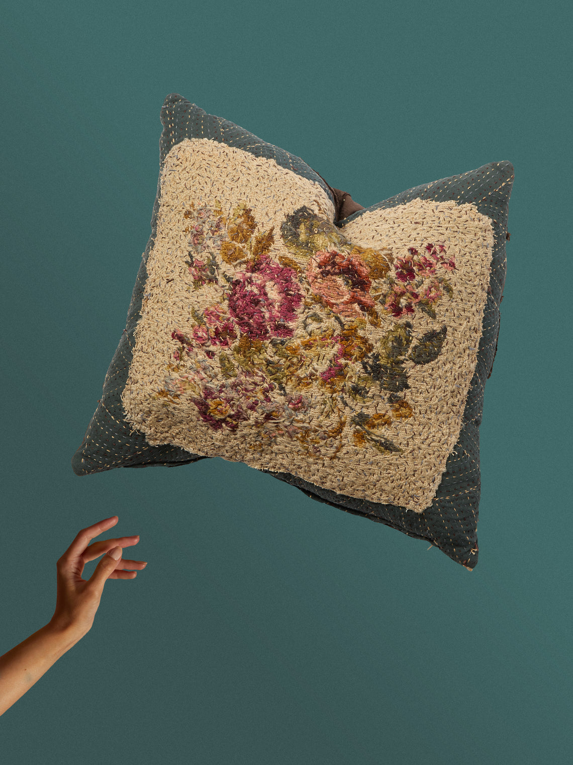 By Walid - 19th-Century Victorian Needlepoint Patchwork Wool and Cotton Cushion (19.5in/50cm) - Multiple - ABASK