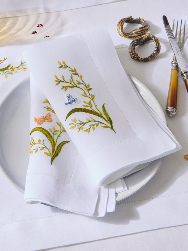 ERI Textiles - | Set of 4 | Green Meadow Hand-Embroidered Linen Napkins - White - ABASK