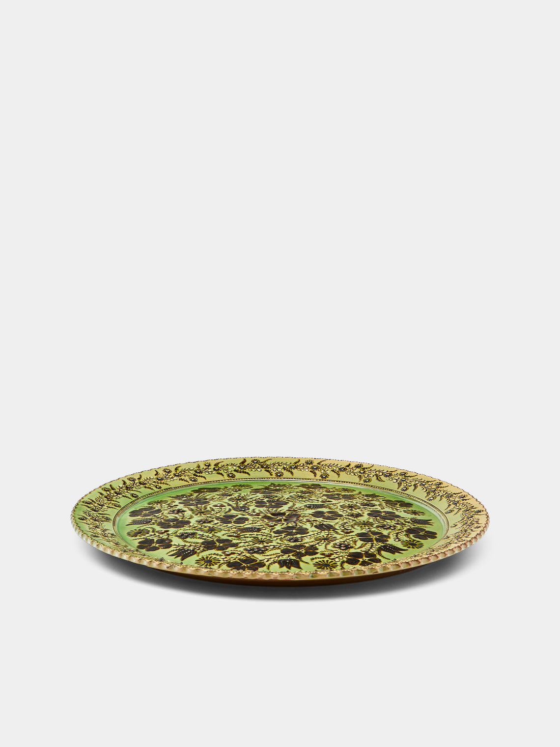 Poterie d’Évires - Flowers Hand-Painted Ceramic Large Round Platter - Green - ABASK