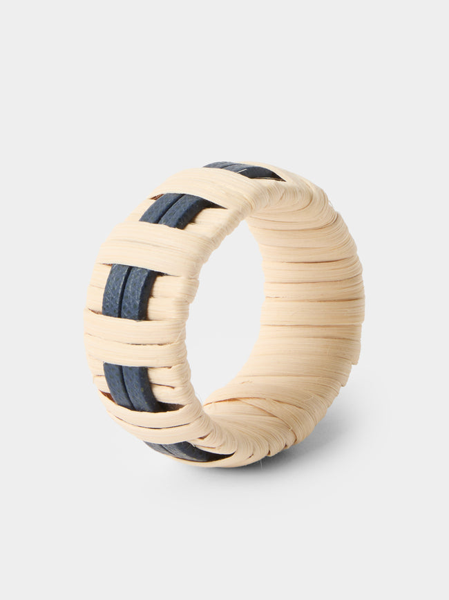 Pigment France - | Set of 4 | Anglet Leather and Rattan Napkin Rings - Blue - ABASK