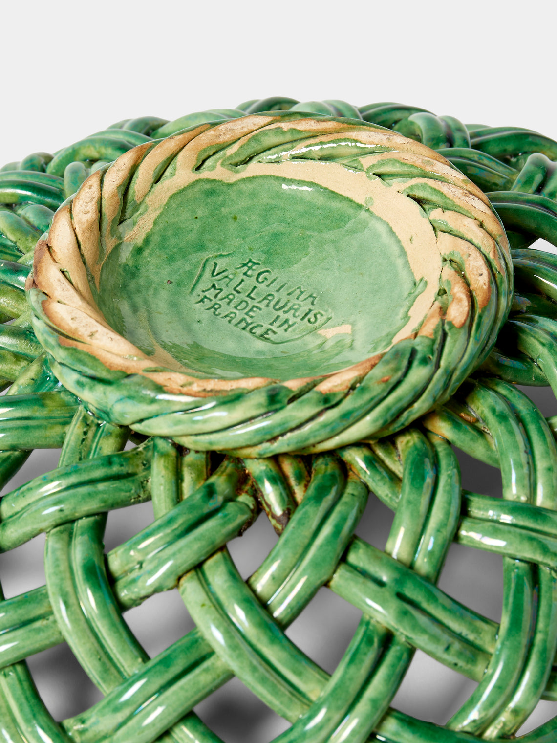 Antique and Vintage - Mid-Century Woven Ceramic Basket - Green - ABASK