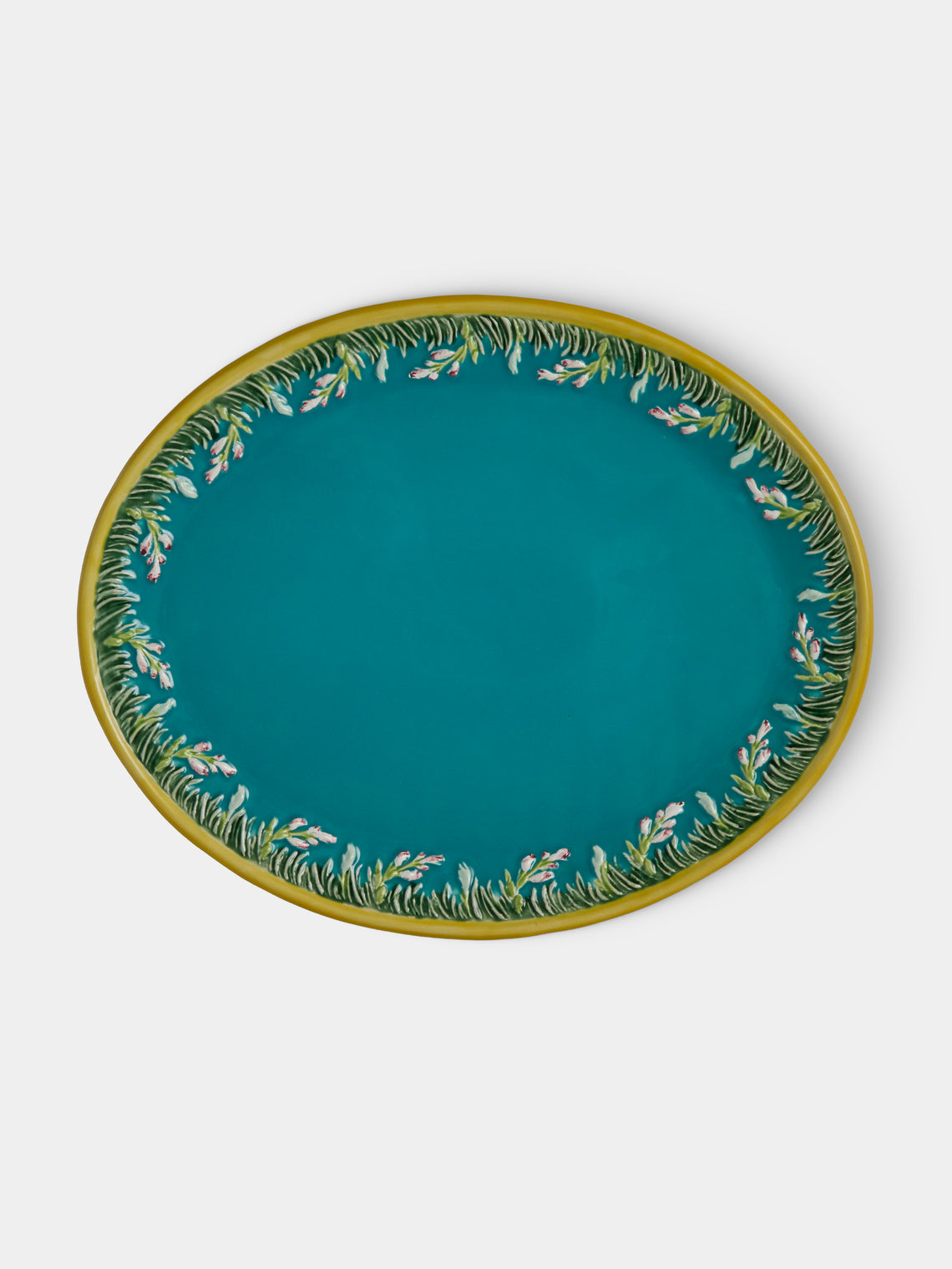 Verdolini - Foliage Hand-Painted Majolica Ceramic Oval Casserole Dish with Stand - Blue - ABASK