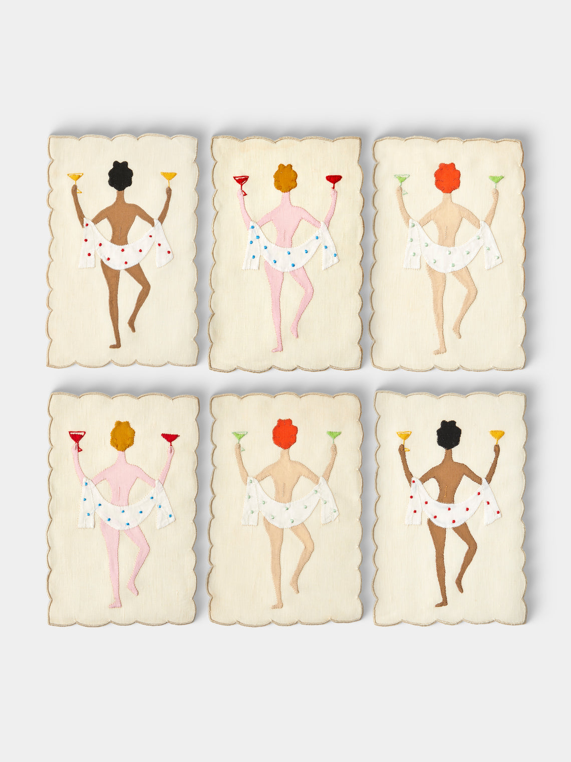 Taf Firenze - | Set of 6 | "Chin Chin" Hand-Appliquéd Linen Cocktail Napkins - Cream - ABASK - 