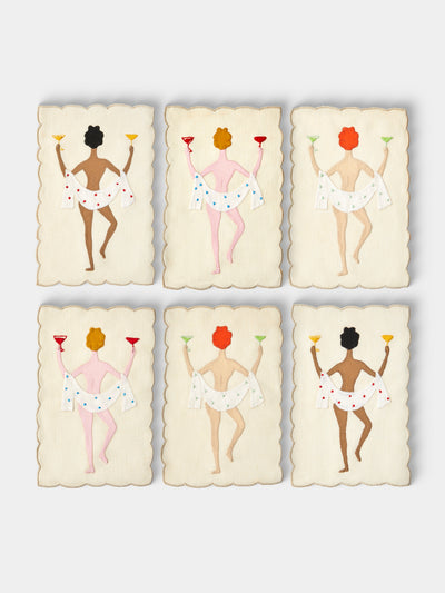 Taf Firenze - | Set of 6 | "Chin Chin" Hand-Appliquéd Linen Cocktail Napkins - Cream - ABASK - 