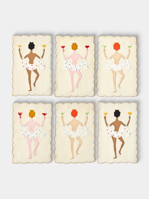 Taf Firenze - | Set of 6 | "Chin Chin" Hand-Appliquéd Linen Cocktail Napkins - Cream - ABASK - 