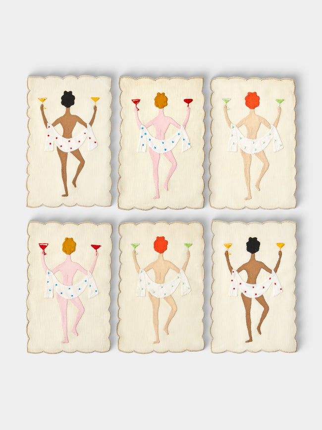 Taf Firenze - | Set of 6 | "Chin Chin" Hand-Appliquéd Linen Cocktail Napkins - Cream - ABASK - 