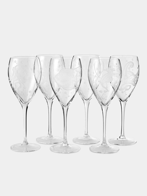Artel - Sea Life Hand-Engraved Crystal Wine Glasses (Set of 6) - Clear - ABASK - 