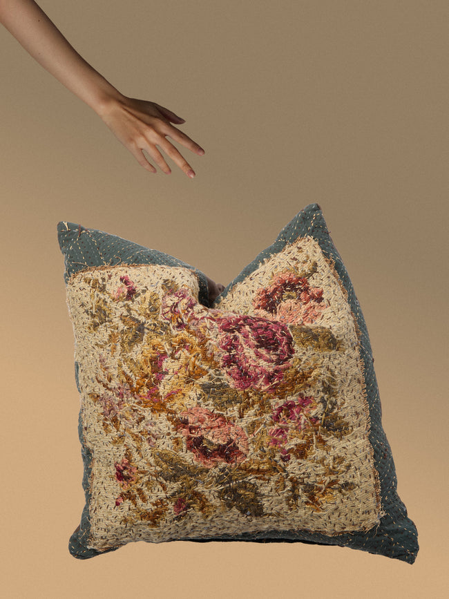 By Walid - 19th-Century Needlepoint Wool, Linen and Cotton Cushion (19.5in/50cm) - Multiple - ABASK