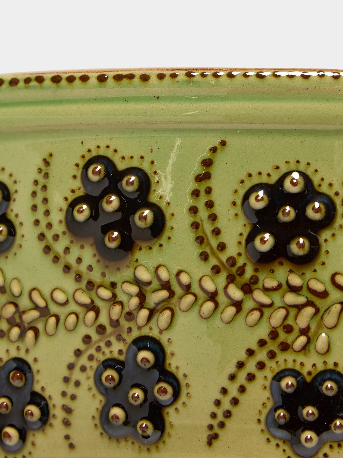 Poterie d’Évires - Flowers Hand-Painted Ceramic Oval Serving Dish - Green - ABASK