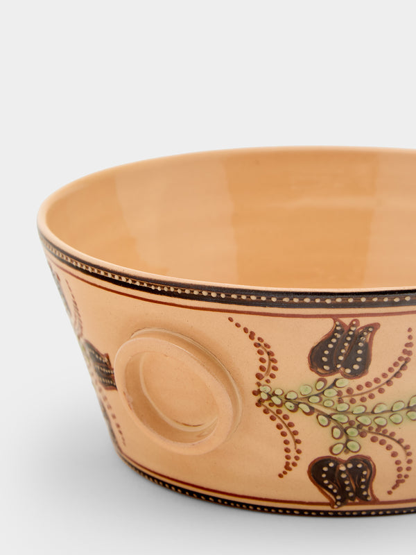 Poterie d’Évires - Flowers Hand-Painted Ceramic Large Handled Serving Bowl - Cream - ABASK