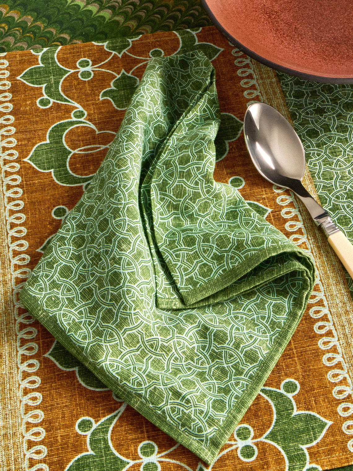D'Ascoli - | Set of 4 | Baza Printed Linen Napkins - Green - ABASK