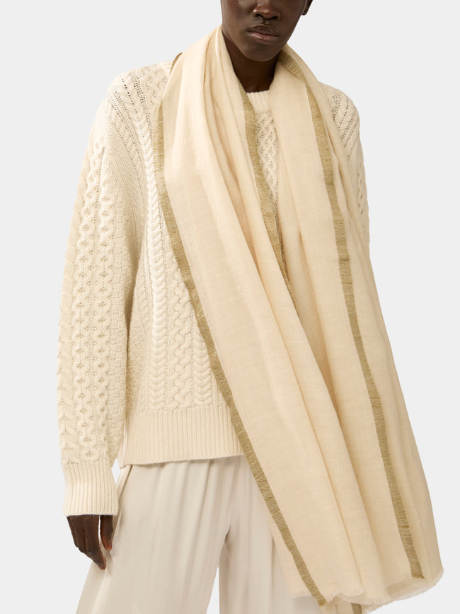 Me & K - Cashmere Border-Stripe Scarf - Ivory - ABASK