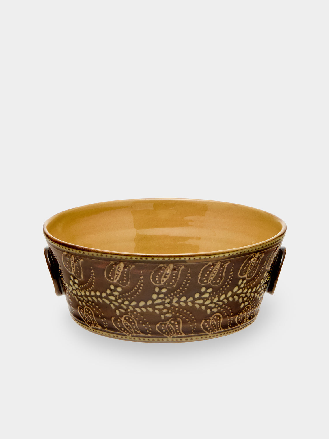 Poterie d’Évires - Flowers Hand-Painted Ceramic Small Handled Serving Bowl - Dark brown - ABASK - 