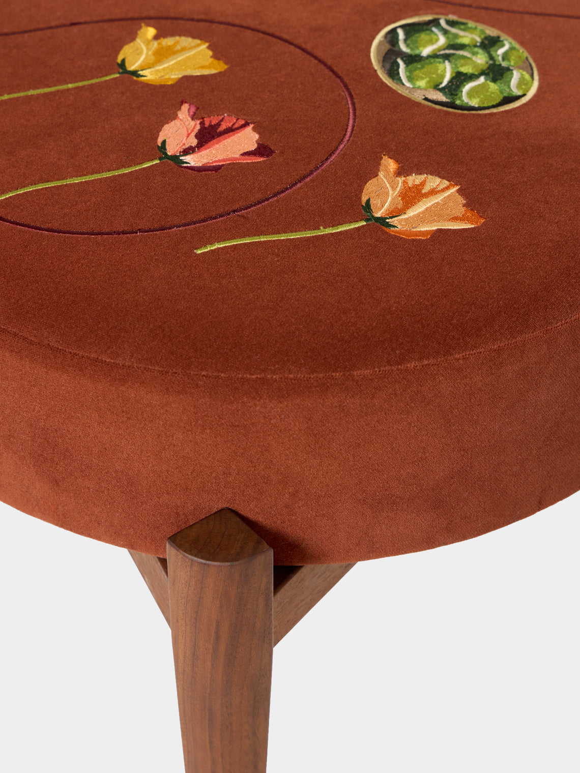 Uncommon Ancestor - Garden Party Embroidered Velvet Round Footstool - Red - ABASK