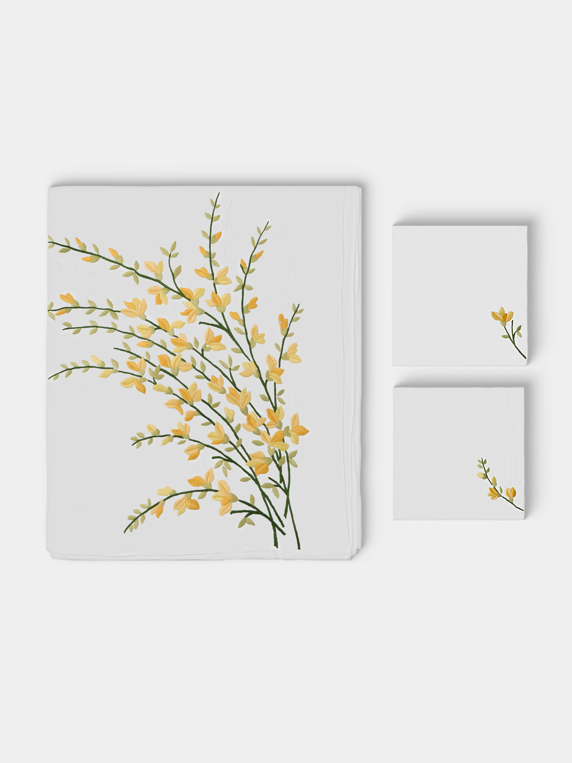 Taf Firenze - | Set of 12 | Floral Hand-Embroidered Linen Tablecloth and Napkins - White - ABASK - 