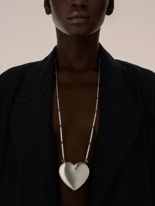 Mahnaz Collection - Vintage 1960 Hermann Siersbøl Sterling Silver Heart Pendant Necklace - Silver - ABASK