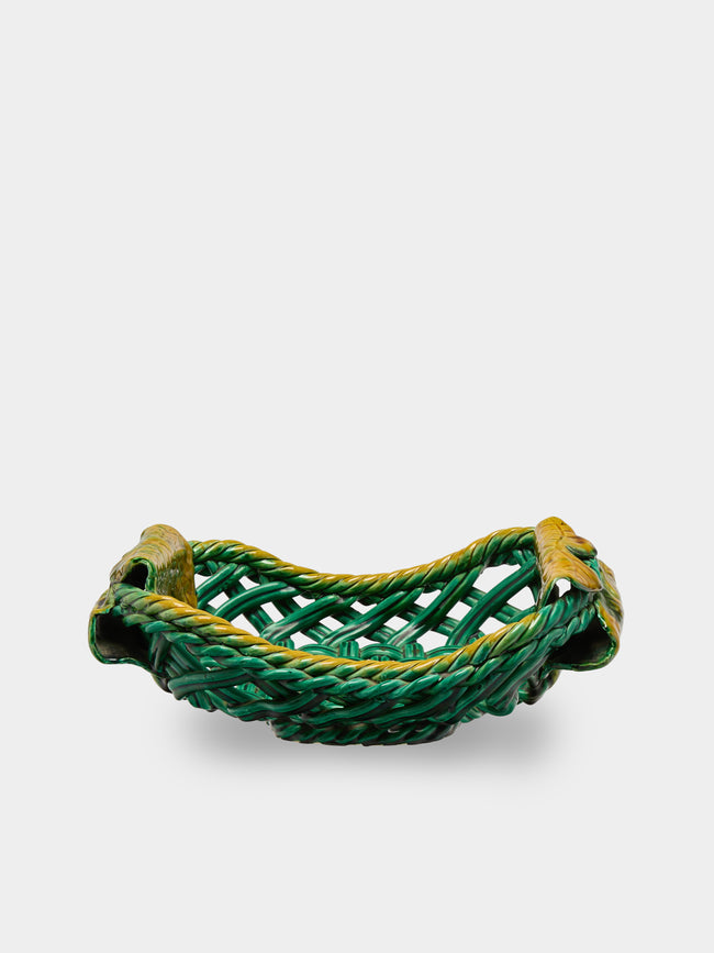 Antique and Vintage - Mid-Century Majolica Ceramic Basket - Green - ABASK - 