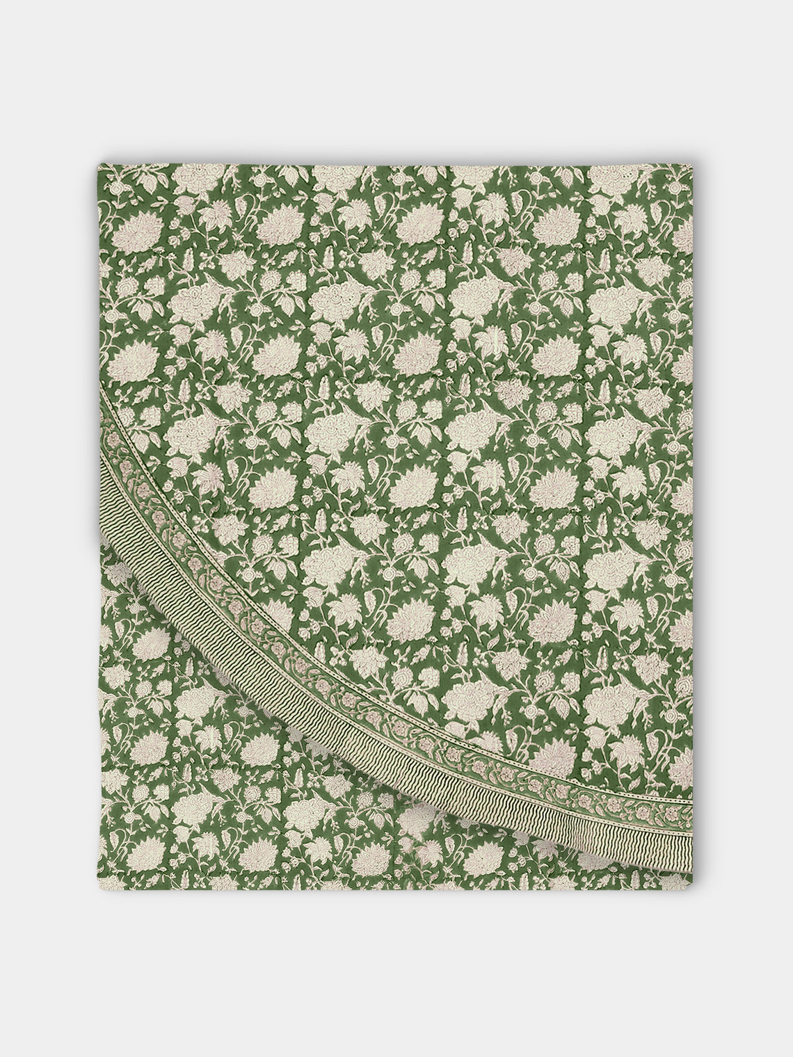 Chamois - Parrot Block-Printed Linen Round  Tablecloth (86.5in/2.2m) - Green - ABASK