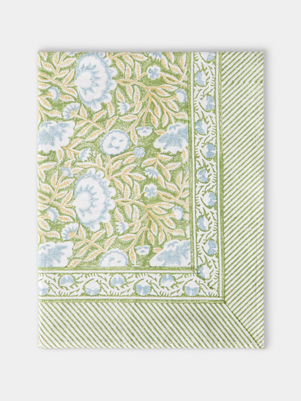 Chamois - The Garden of Mathilde Block-Printed Cotton Rectangular Tablecloth (90.5in/2.3m) - Green - ABASK - 
