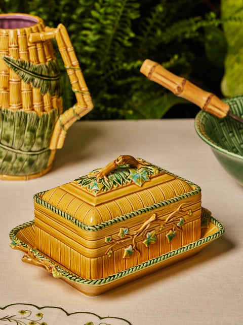 Verdolini - Branches Hand-Painted Majolica Ceramic Box with Stand - Yellow - ABASK