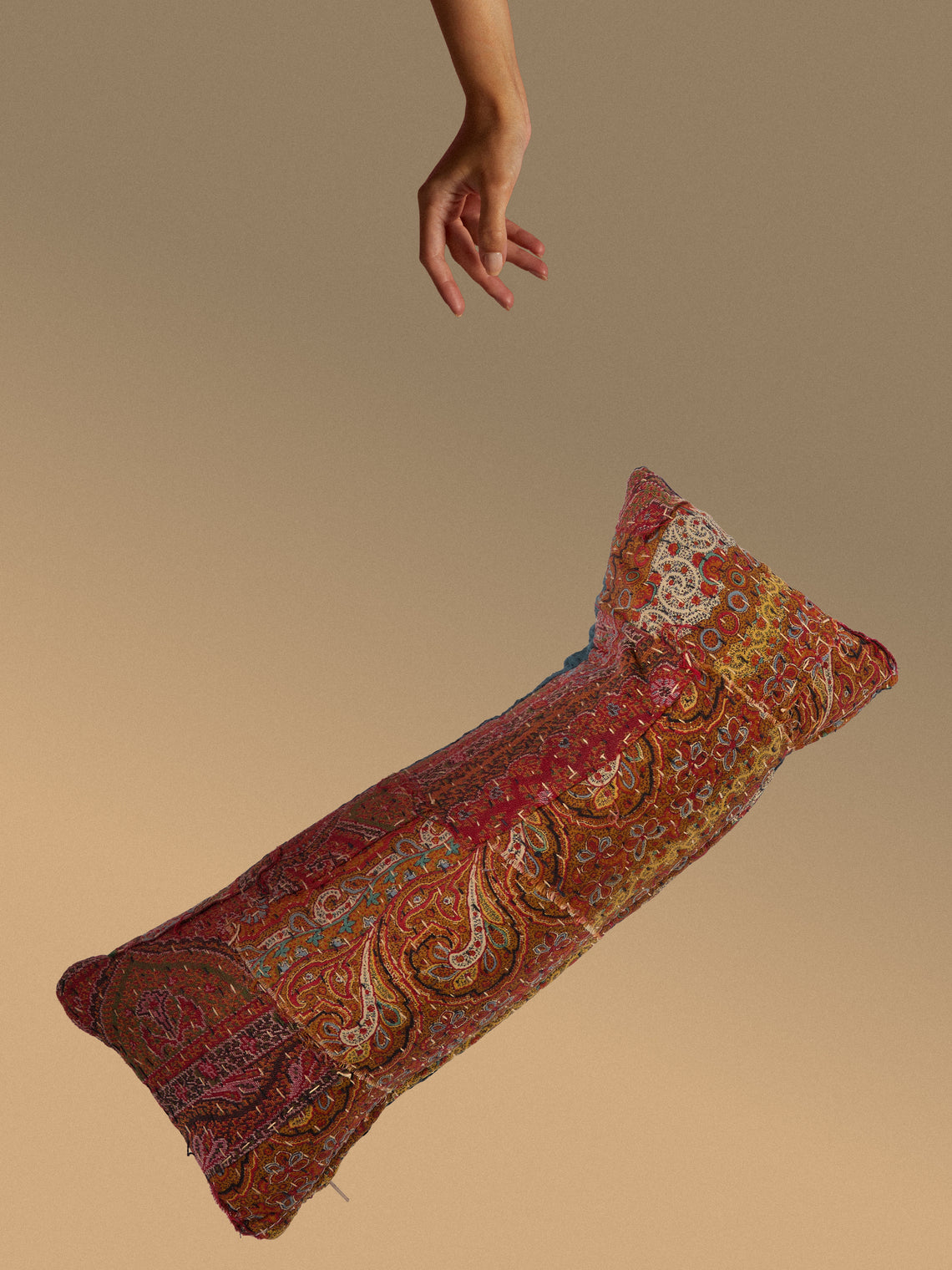 By Walid - 19th-Century Paisley Patchwork Wool and Linen Cushion (16.5in/42cm) - Multiple - ABASK