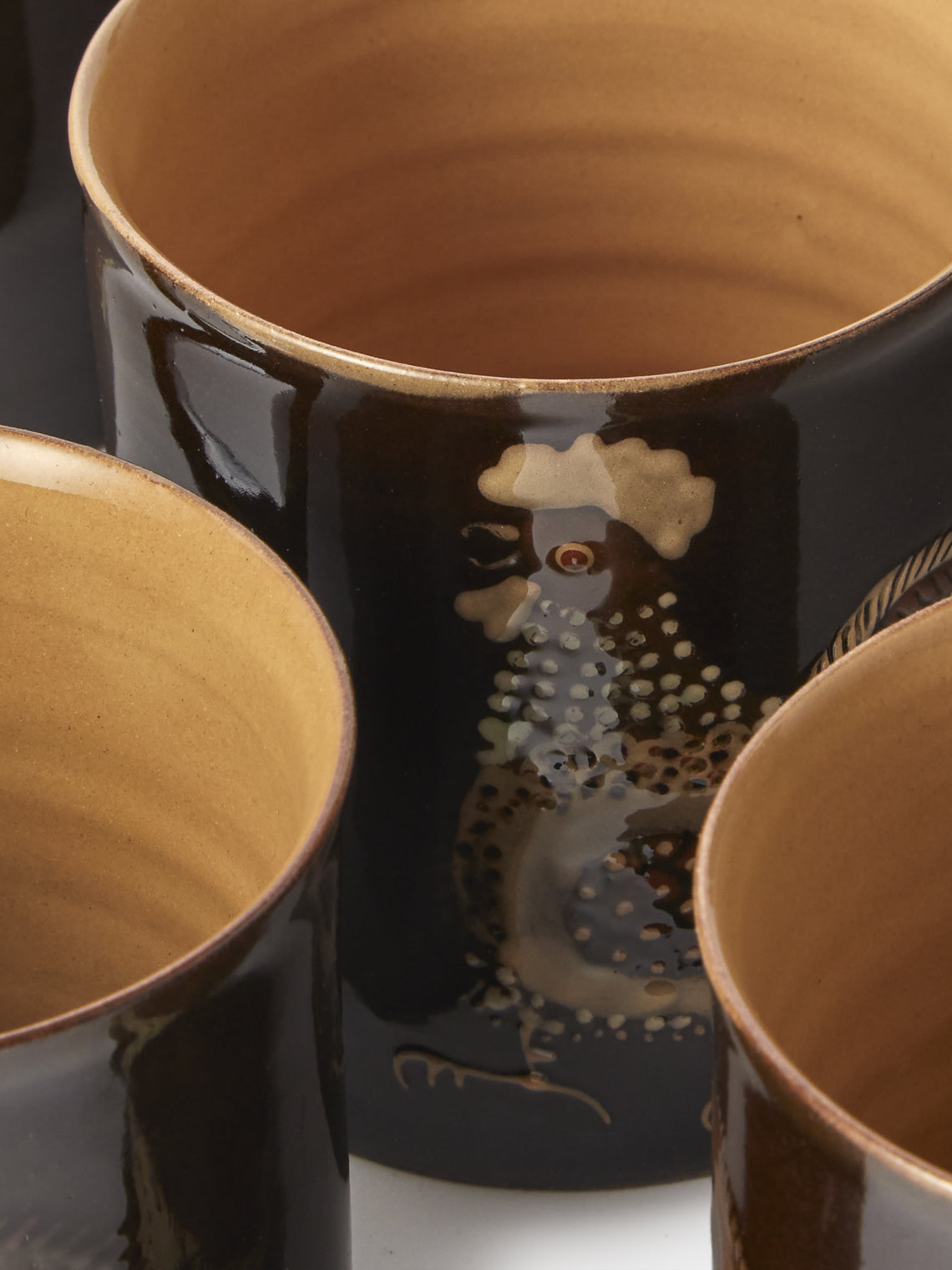 Poterie d’Évires - Animals Hand-Painted Ceramic Mugs (Set of 4) - Dark Brown - ABASK