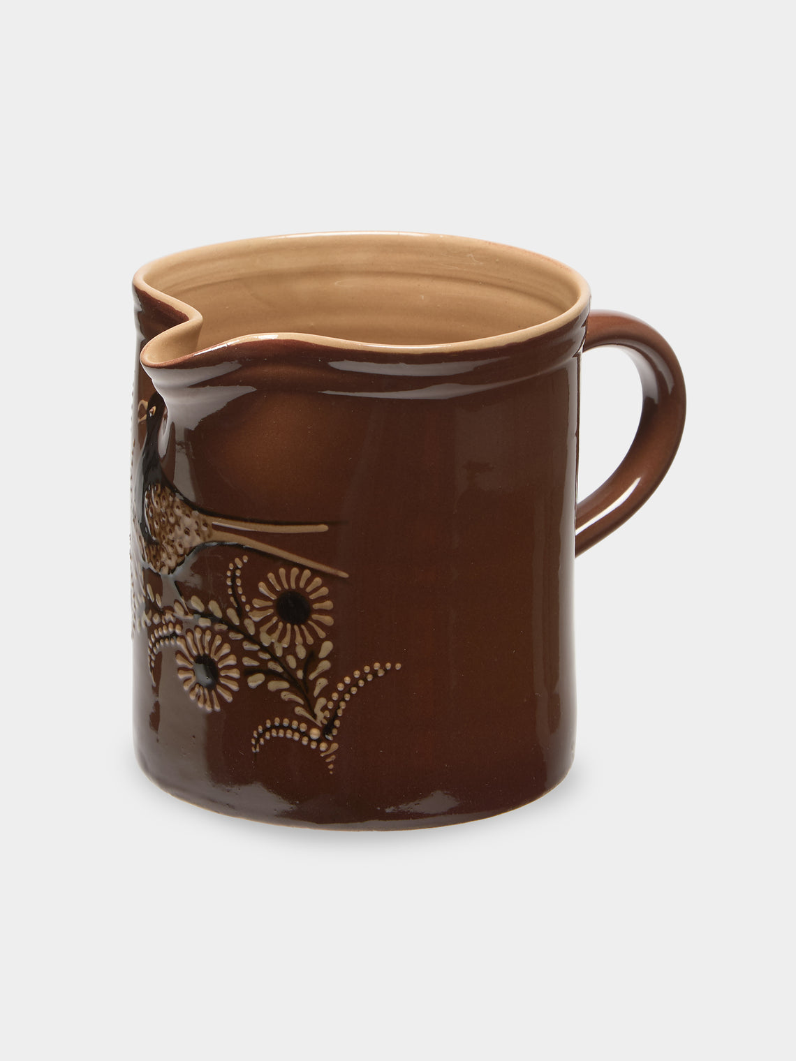 Poterie d’Évires - Birds Hand-Painted Ceramic Straight-Edge Jug (34oz/1L) - Light brown - ABASK - 