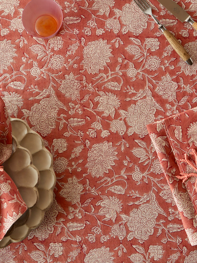 Chamois - Parrot Block-Printed Linen Round Tablecloth (86.5in/2.2m) - Red - ABASK