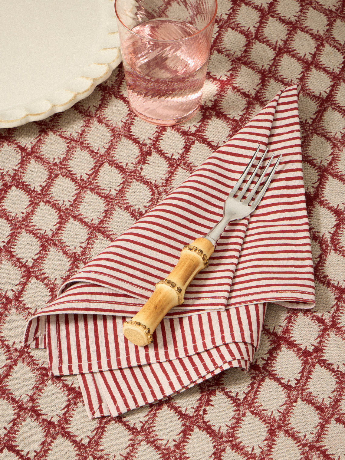 Chamois - | Set of 8 | Stripe Block-Printed Cotton Napkins - Red - ABASK
