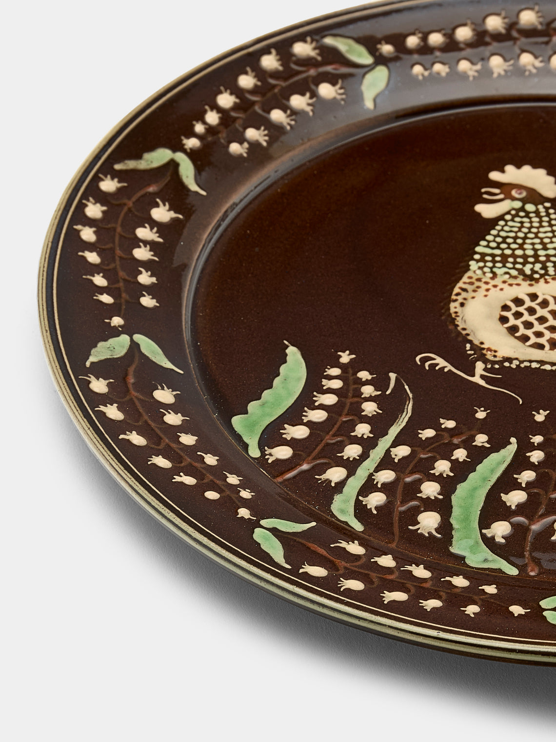 Poterie d’Évires - Chickens Hand-Painted Ceramic Round Platter - Dark brown - ABASK