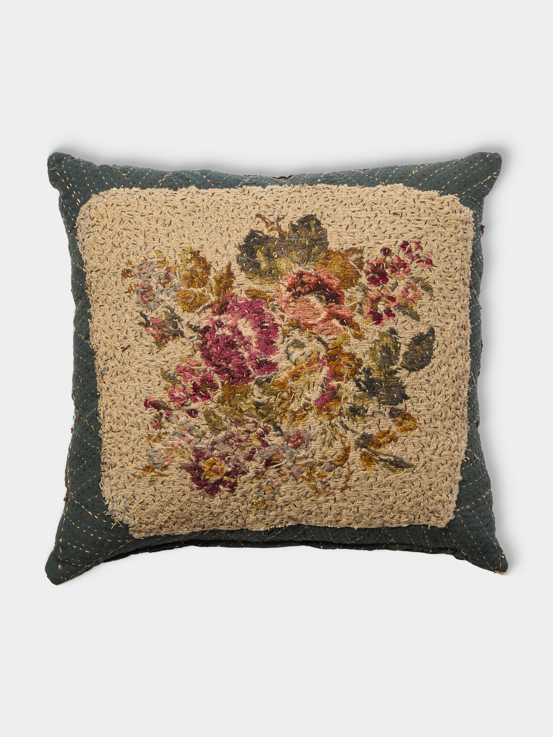 By Walid - 19th-Century Victorian Needlepoint Patchwork Wool and Cotton Cushion (19.5in/50cm) - Multiple - ABASK - 