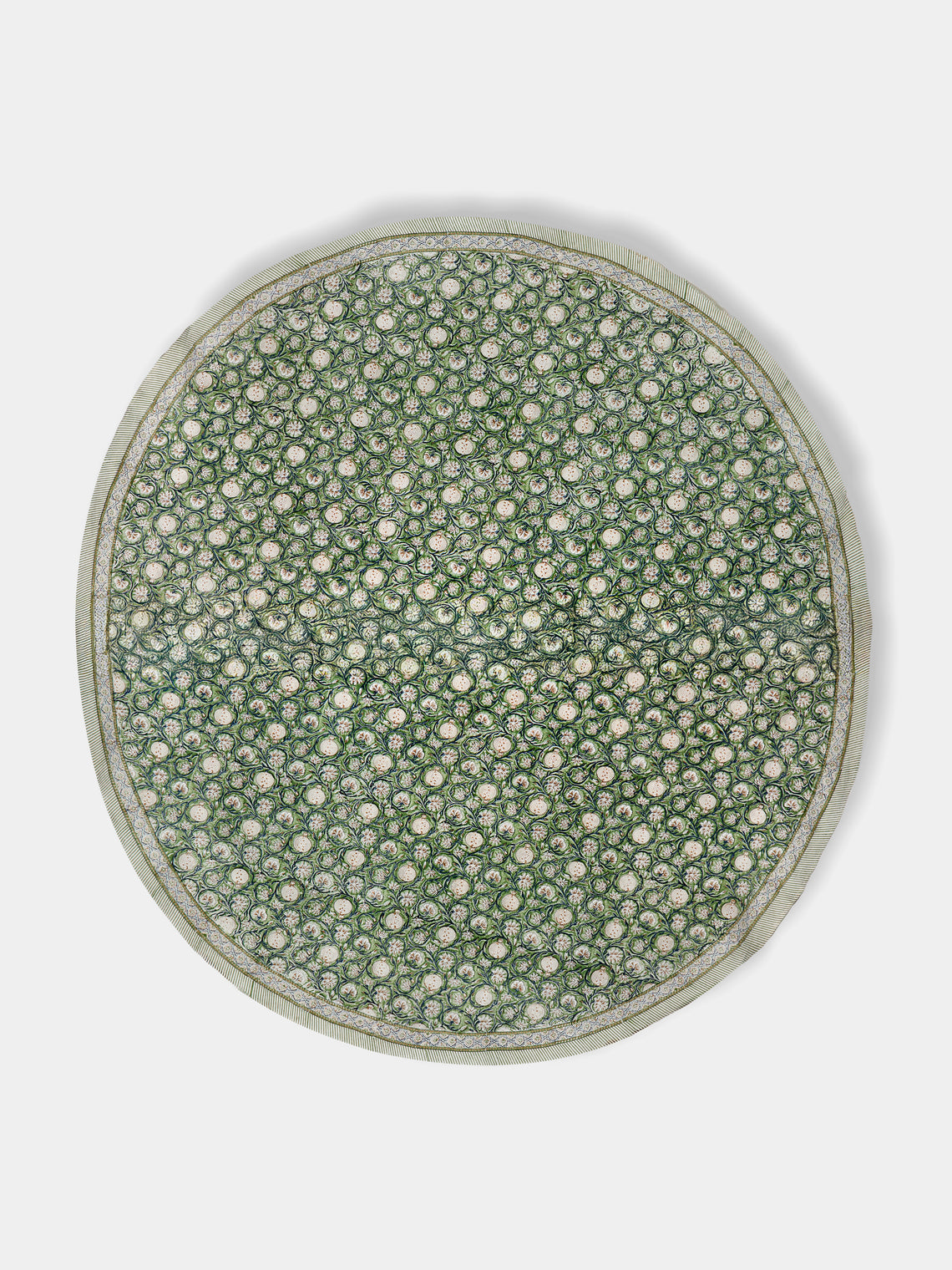 Chamois - Tangier Pomegranate Block-Printed Cotton Round Tablecloth (86.5in/2.2m) - Green - ABASK - 