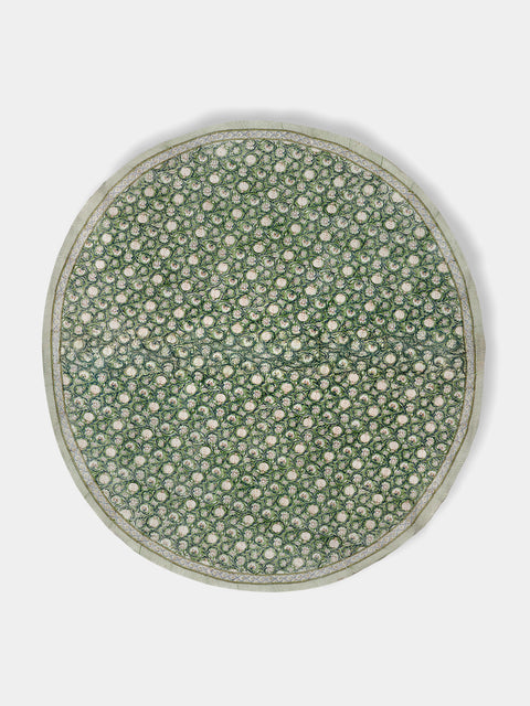 Chamois - Tangier Pomegranate Block-Printed Cotton Round Tablecloth (86.5in/2.2m) - Green - ABASK - 