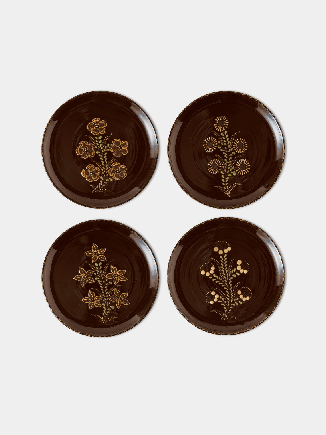 Poterie d’Évires - Flowers Hand-Painted Ceramic Dinner Plates – 9.5in/24cm (Set of 4) - Dark Brown - ABASK - 