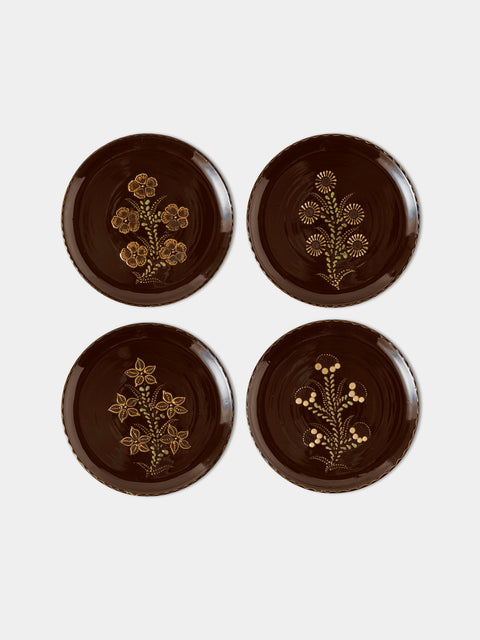 Poterie d’Évires - Flowers Hand-Painted Ceramic Dinner Plates – 9.5in/24cm (Set of 4) - Dark Brown - ABASK - 