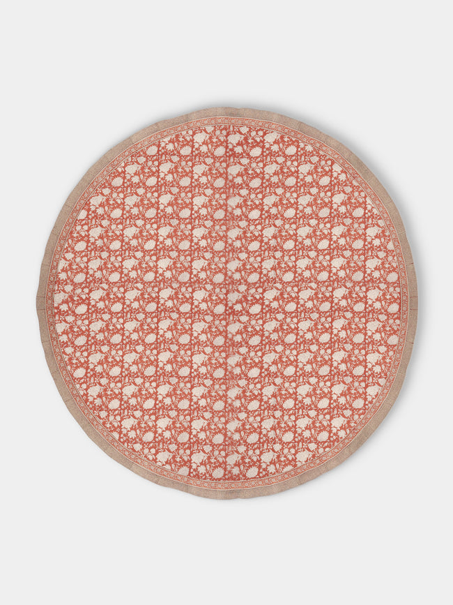 Chamois - Parrot Block-Printed Linen Round Tablecloth (86.5in/2.2m) - Red - ABASK - 