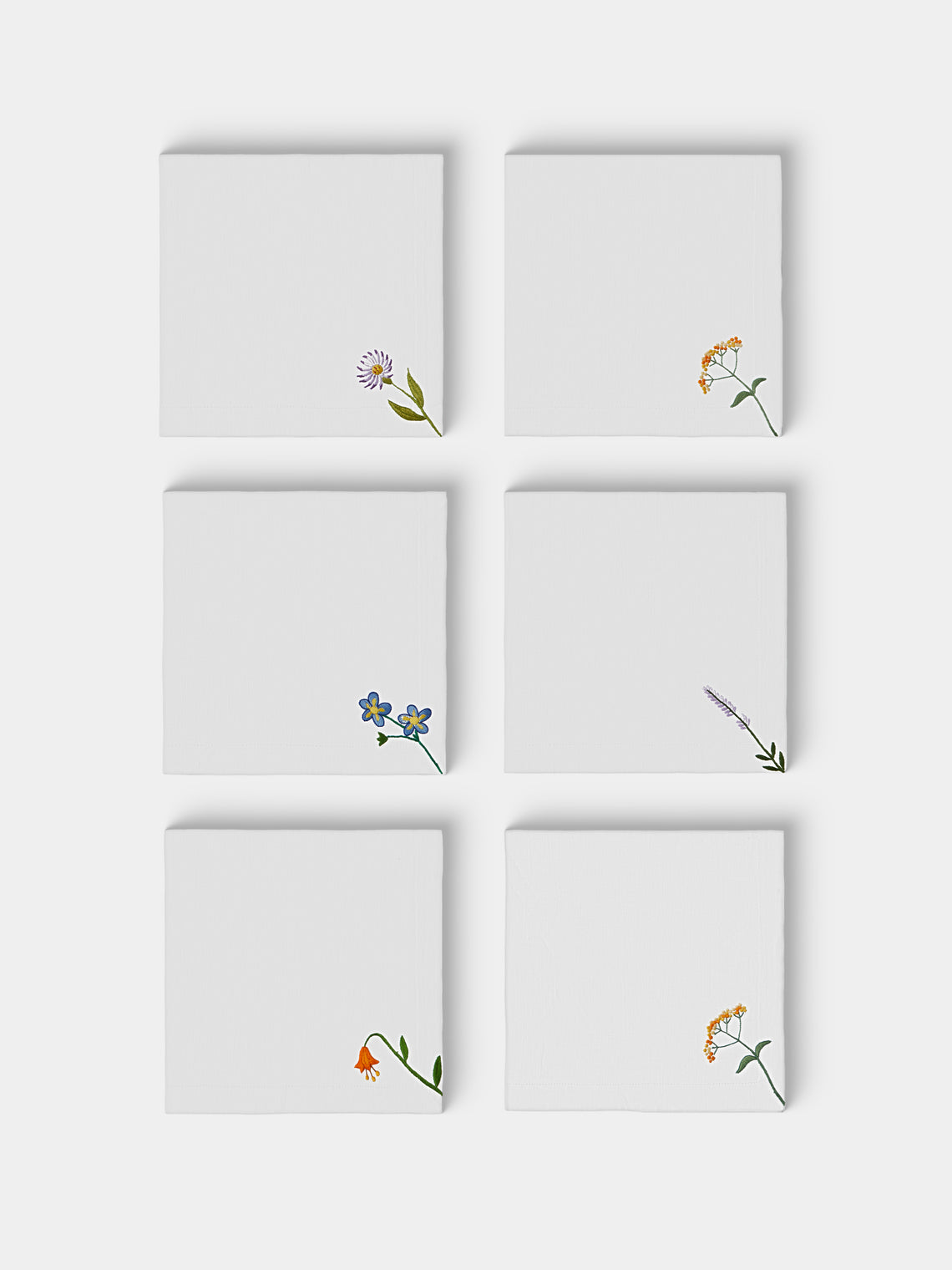 Taf Firenze - | Set of 6 | Summer Floral Hand-Embroidered Linen Napkins - White - ABASK - 