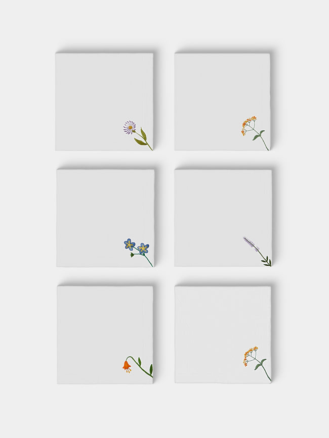 Taf Firenze - | Set of 6 | Summer Floral Hand-Embroidered Linen Napkins - White - ABASK - 