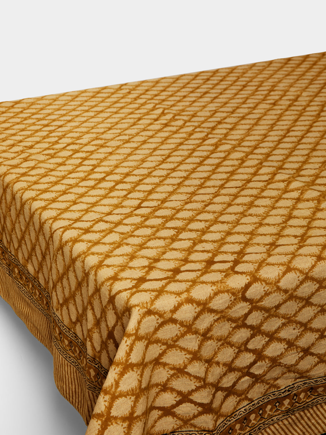 Chamois - Cypress Block-Printed Linen Rectangular Tablecloth (90.5in/2.3m) - Orange - ABASK