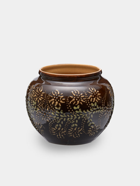 Poterie d’Évires - Flowers Hand-Painted Ceramic Vase (5in/13cm) - Dark brown - ABASK - 