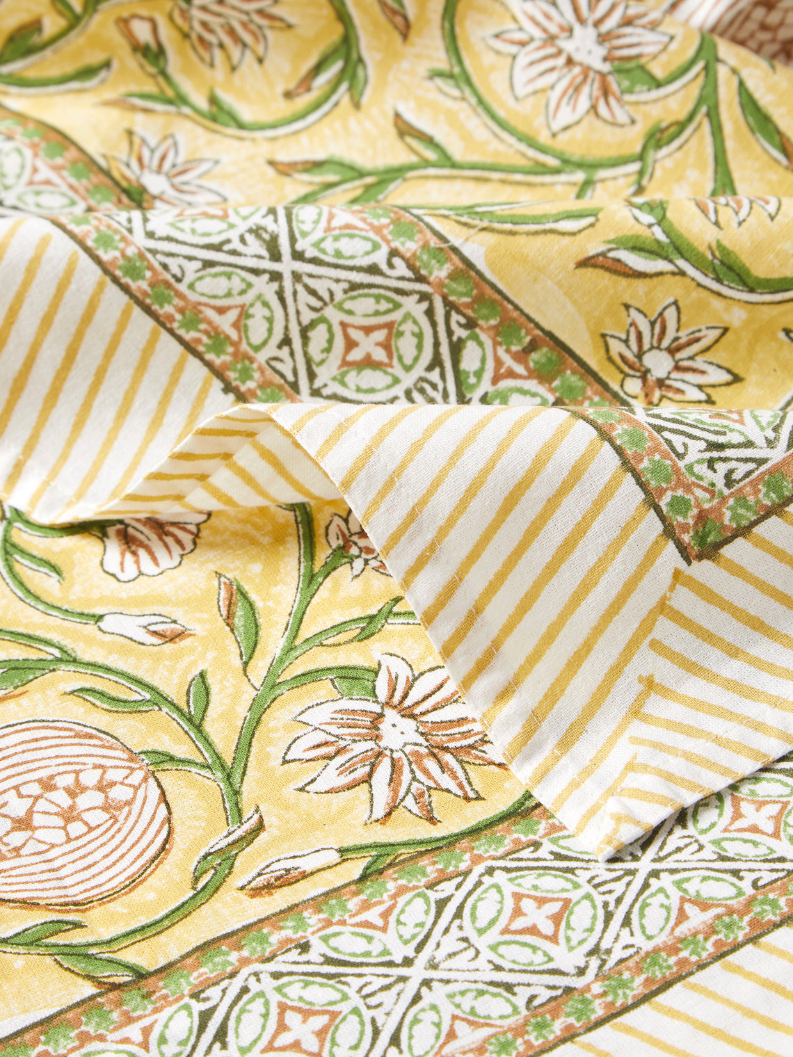 Chamois - Tangier Pomegranate Block-Printed Cotton Rectangular Tablecloth (90.5in/2.3m) - Yellow - ABASK