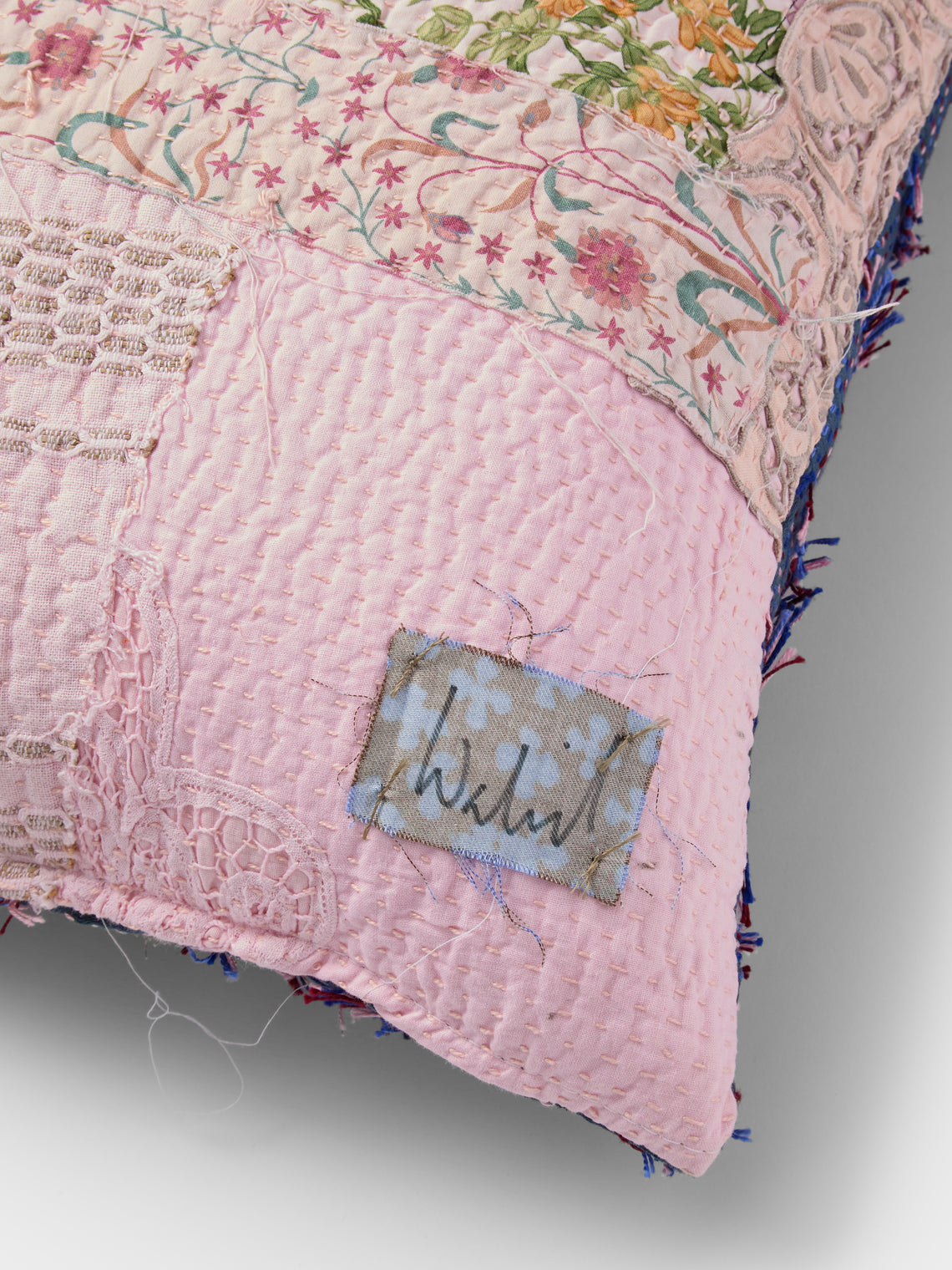 By Walid - 19th-Century Victorian Needlepoint Wool and Cotton Patchwork Cushion (19.5in/50cm) - Multiple - ABASK