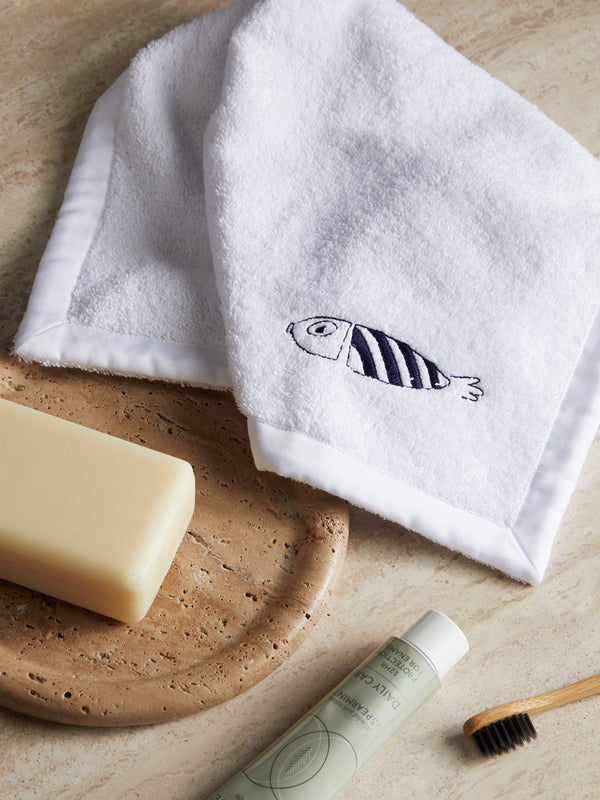 Loretta Caponi - Striped Fish Hand-Embroidered Cotton Washcloth -  - ABASK