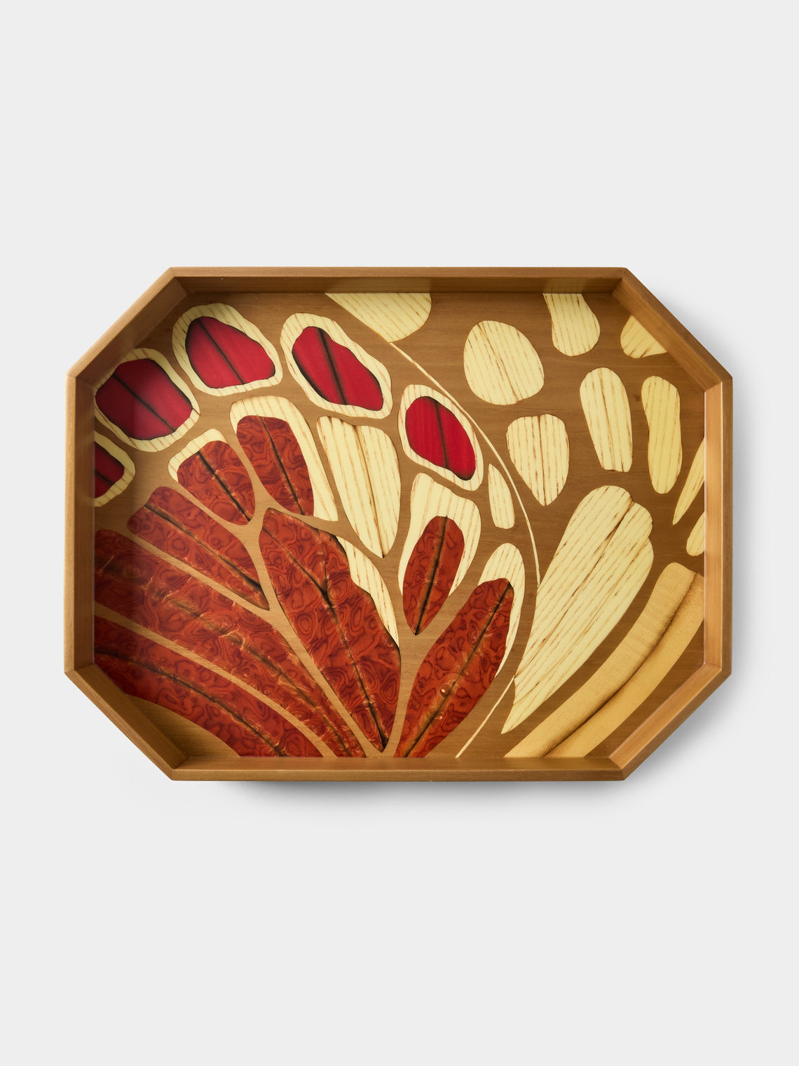 Silvia Furmanovich - Butterflies Marquetry Wood Octagonal Tray (15.5in/40cm) - Red - ABASK - 