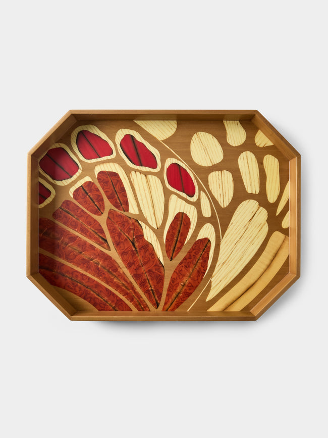 Silvia Furmanovich - Butterflies Marquetry Wood Octagonal Tray (15.5in/40cm) - Red - ABASK - 