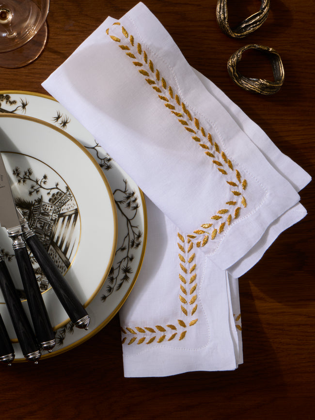 ERI Textiles - | Set of 4 | Marie Gold Hand-Embroidered Linen Napkins - White - ABASK