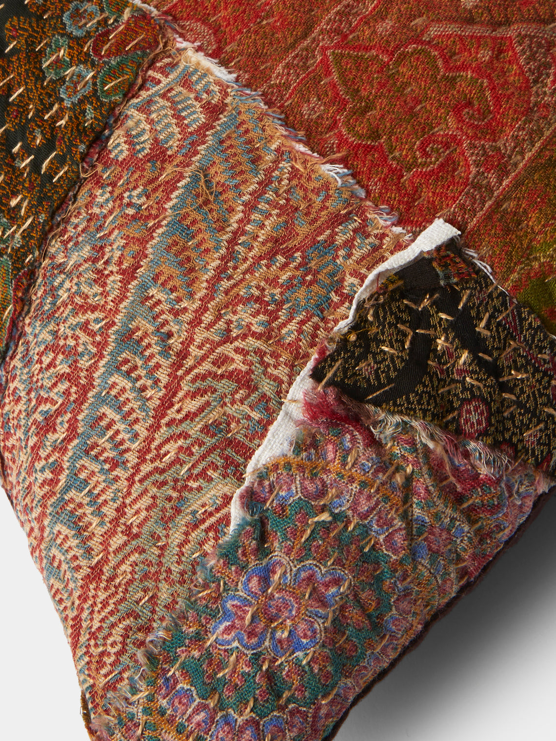 By Walid - 19th-Century Paisley Patchwork Wool and Damask Cushion (17.5in/45cm) - Multiple - ABASK