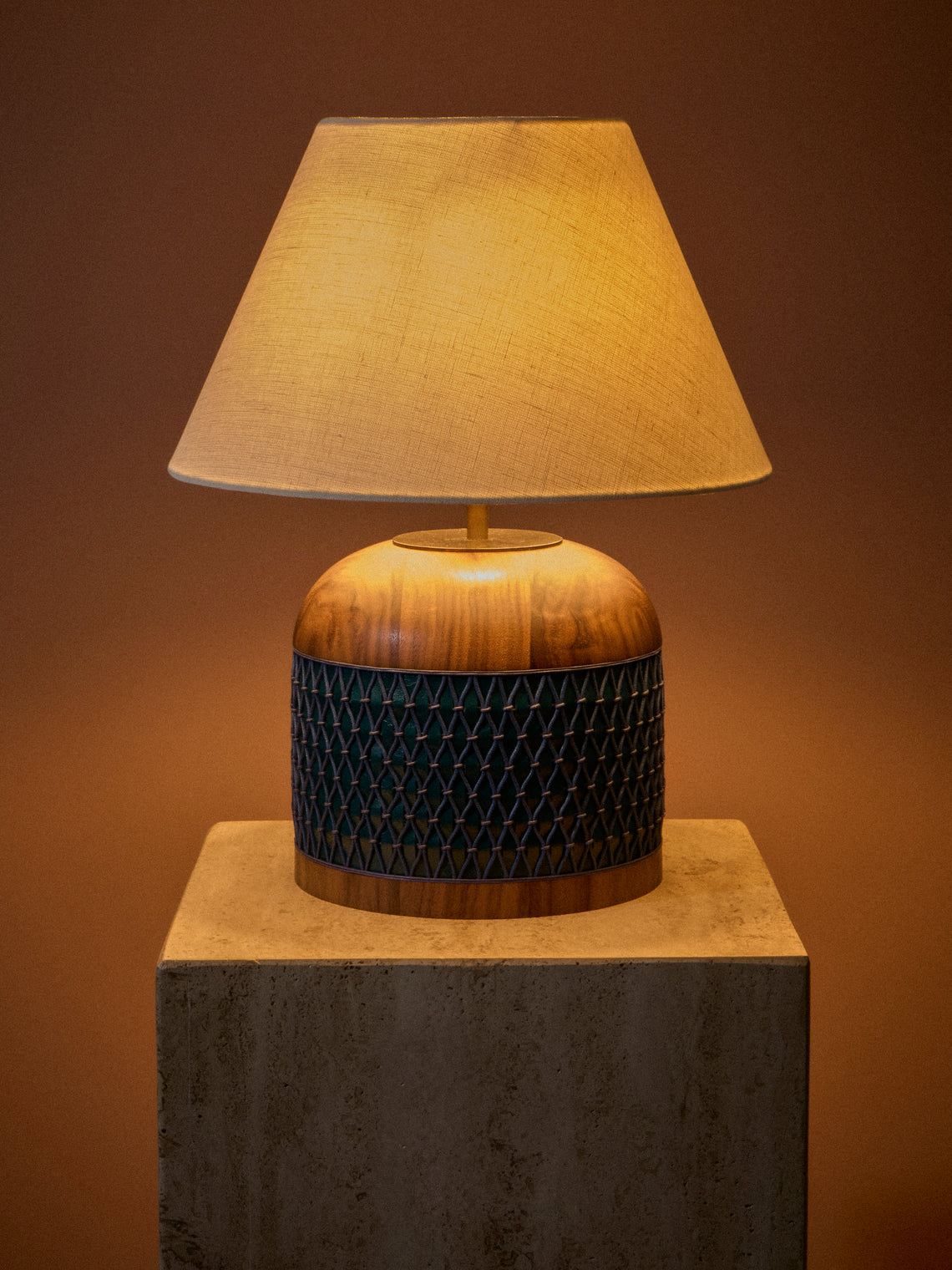 Aimee Betts - Ricasso Barrel Walnut and Leather Short Table Lamp - Navy - ABASK