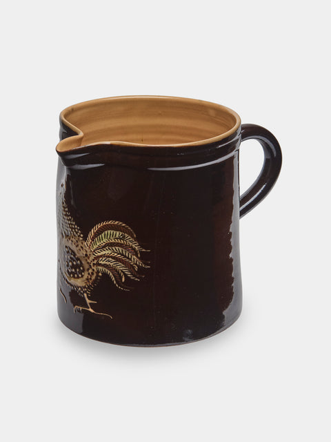 Poterie d’Évires - Chickens Hand-Painted Ceramic Straight-Edge Jug (34oz/1L) - Dark brown - ABASK - 